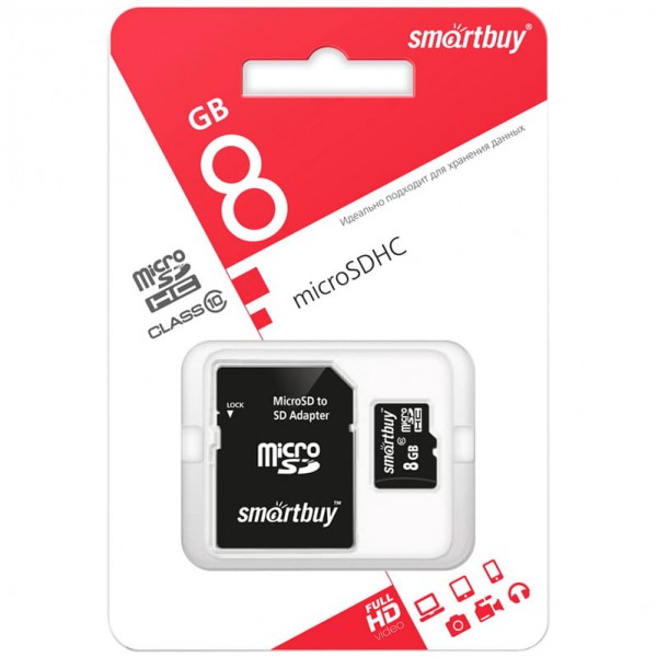 купить Карта памяти SmartBuy MicroSDHC  8GB, Class 10, скорость чтения 10Мб/сек (с адаптером SD) в Тамбове