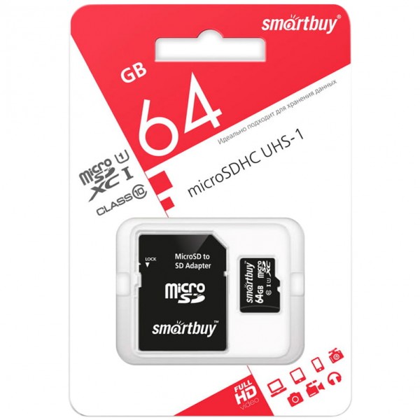 купить Карта памяти SmartBuy MicroSDXC  64GB UHS-1, Class 10, скорость чтения 10Мб/сек (с адаптером SD) в Тамбове