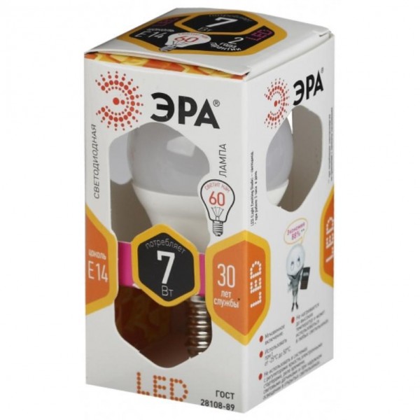 купить Лампа светодиодная ЭРА LED 7 Вт E14 шарообразная 2700 К теплый белый свет в Тамбове