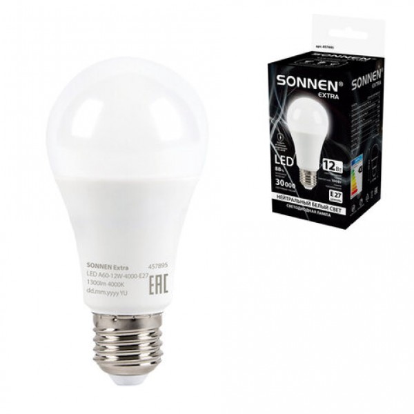 купить Лампа светодиодная SONNEN EXTRA 12 (100) Вт Е27 груша нейтральный белый LED A60-12W-4000-Е27, 457895 в Тамбове