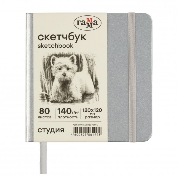 купить Скетчбук 80л., 120*120 Гамма "Студия", серебро, твердая обложка, на резинке, слоновая кость, 140г/м2 в Тамбове