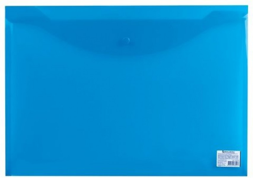 купить Папка-конверт с кнопкой БОЛЬШОГО ФОРМАТА (310х430 мм), А3, прозрачная, синяя,0,18 мм,BRAUBERG в Тамбове