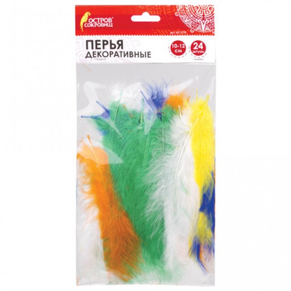купить Перья декоративные СТРАУСИНЫЕ (10-12см), 24шт., 6 цветов, ЯРКИЕ, ассорти, ОСТРОВ СОКРОВИЩ, 661378 в Тамбове