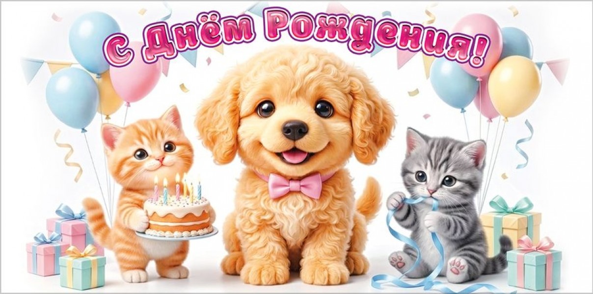 купить Конверт для денег "С Днём рождения!" (котята и щенок с тортом, подарками и воздушными шарами) в Тамбове