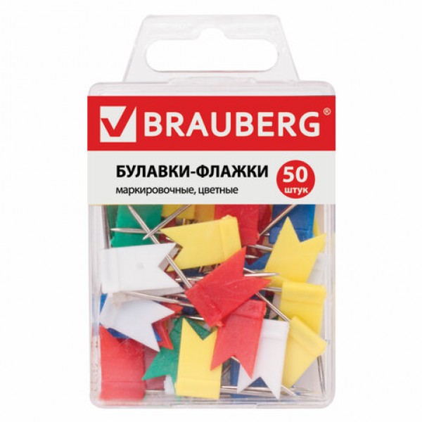 купить Булавки-флажки маркировочные BRAUBERG цветные, 50 шт., в пласт. коробке с европодвесом в Тамбове