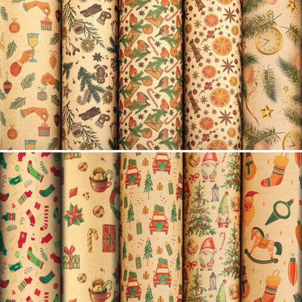 купить Бумага упаковочная новогодняя "Christmas Kraft" 70*100см, 10 дизайнов ассорти, ЗОЛОТАЯ СКАЗКА 592053 в Тамбове